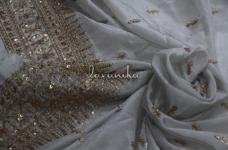 140 Grams Gold Sequins Embroidery and Daman and Butta pattern on Dyeable Viscose Silver Tissue Fabric 44inch